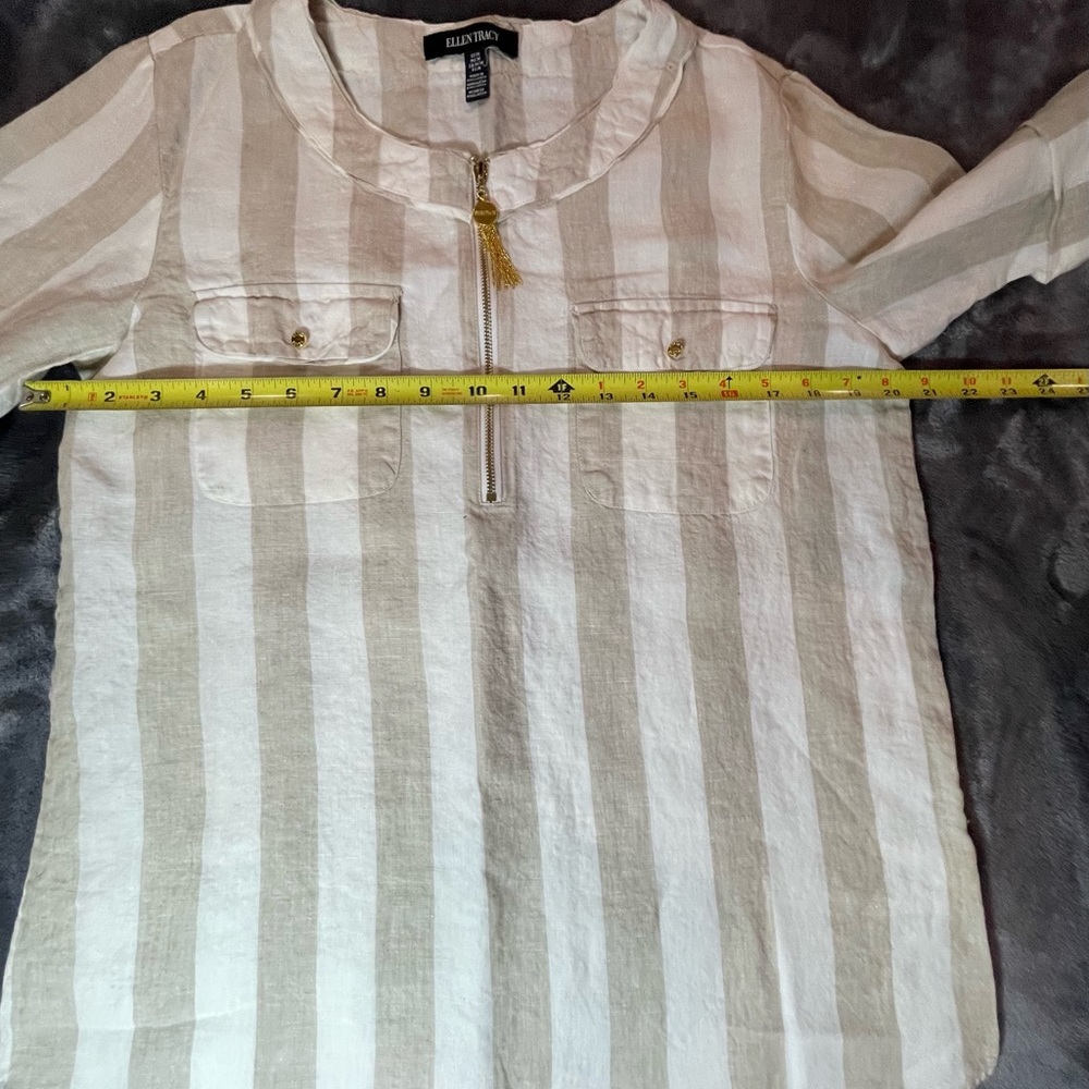 Ellen Tracy Women's M Linen Hi-Low Roll Tab Sleeve Tunic Top White Beige